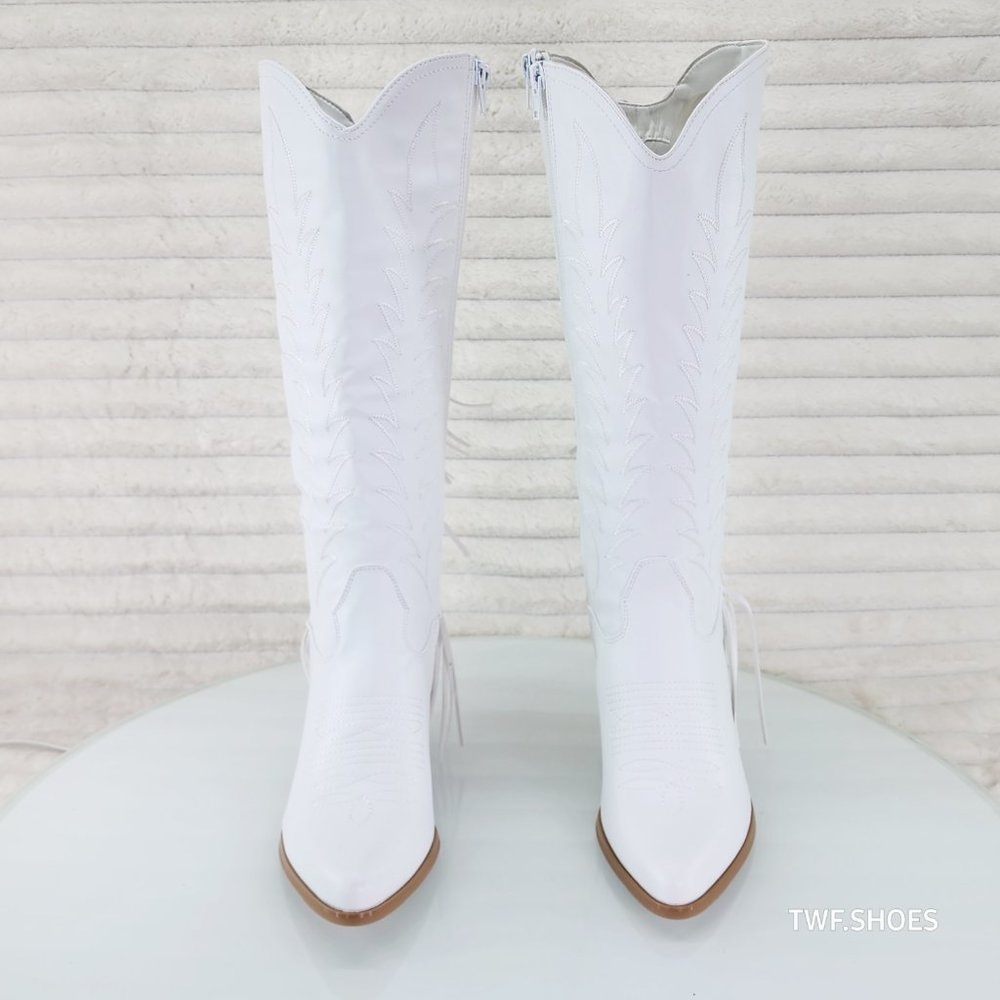 Dusty Roads Bright White Back Fringe Cowboy Western Cowgirl Boots Tuck Zipper - Picture 8 of 13